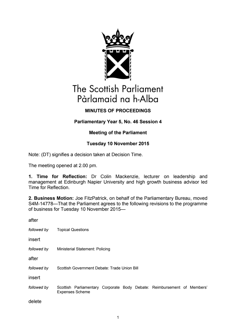 Minutes of Proceedings 10 November 2015 Vol. 5, No. 46 Session 4