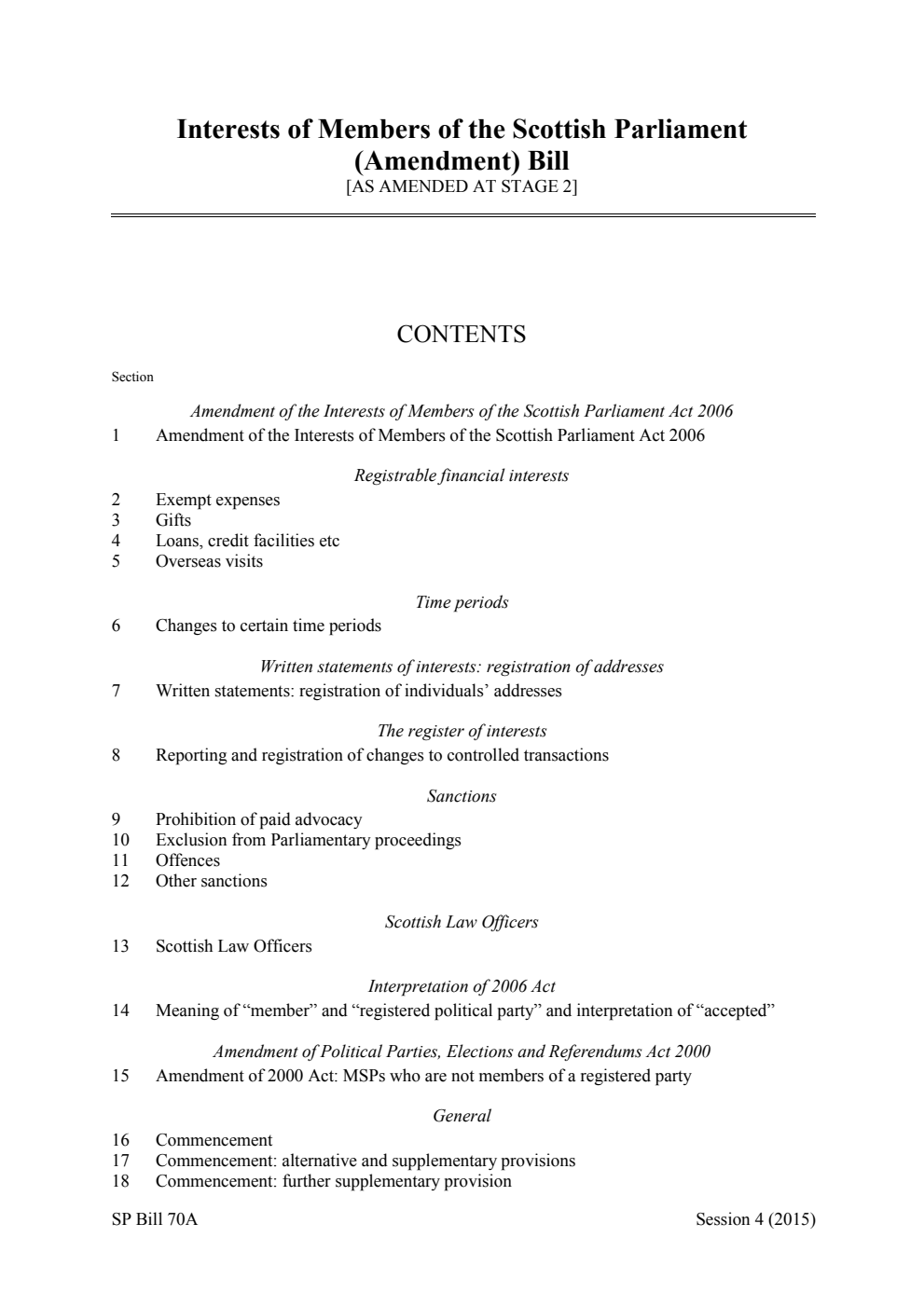 Interests of Members of the Scottish Parliament (Amendment) Bill [As Amended at Stage 2]