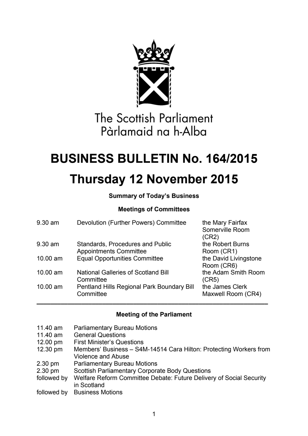 Business Bulletin No. 164/2015, Thursday 12 November 2015