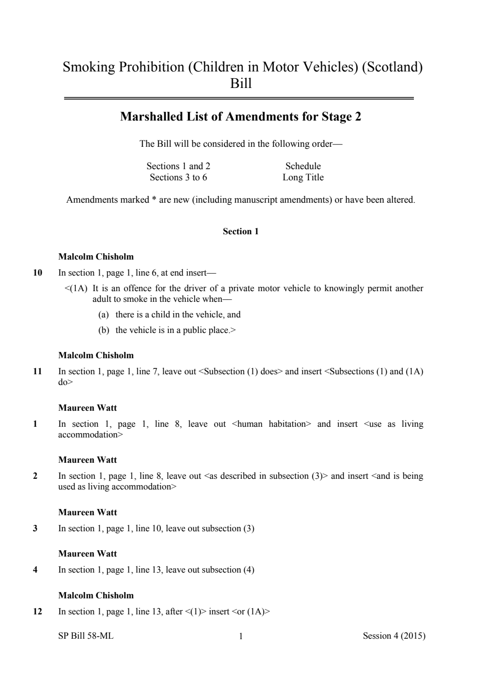 Smoking Prohibition (Children in Motor Vehicles) (Scotland) Bill Marshalled List of Amendments for Stage 2