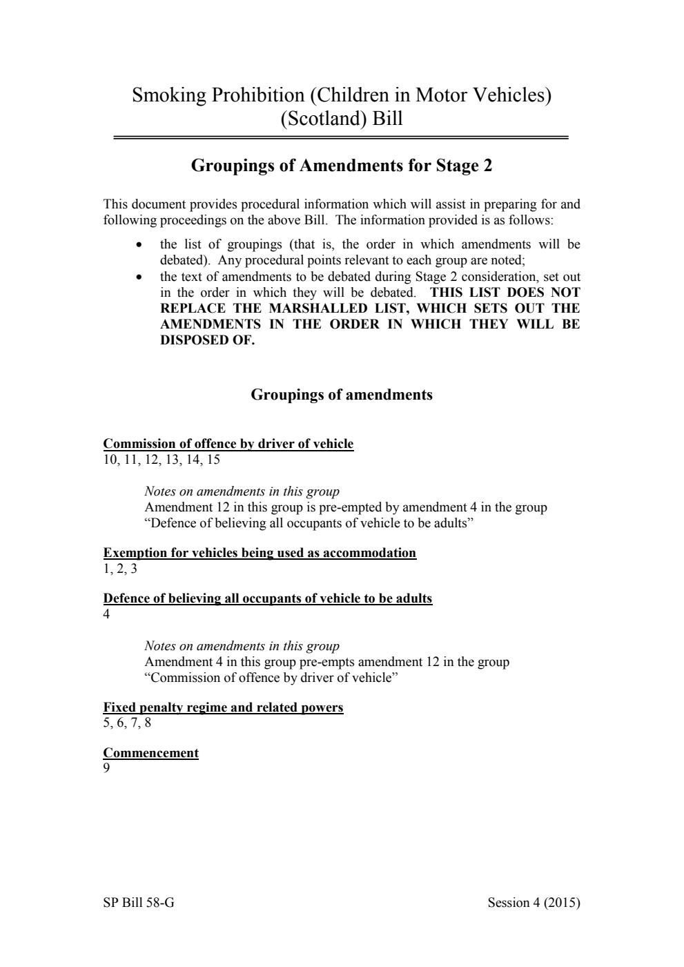 Smoking Prohibition (Children in Motor Vehicles) (Scotland) Bill Groupings of Amendments for Stage 2