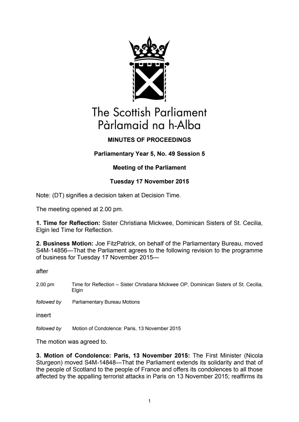 Minutes of Proceedings 17 November 2015 Vol. 5, No. 49 Session 4